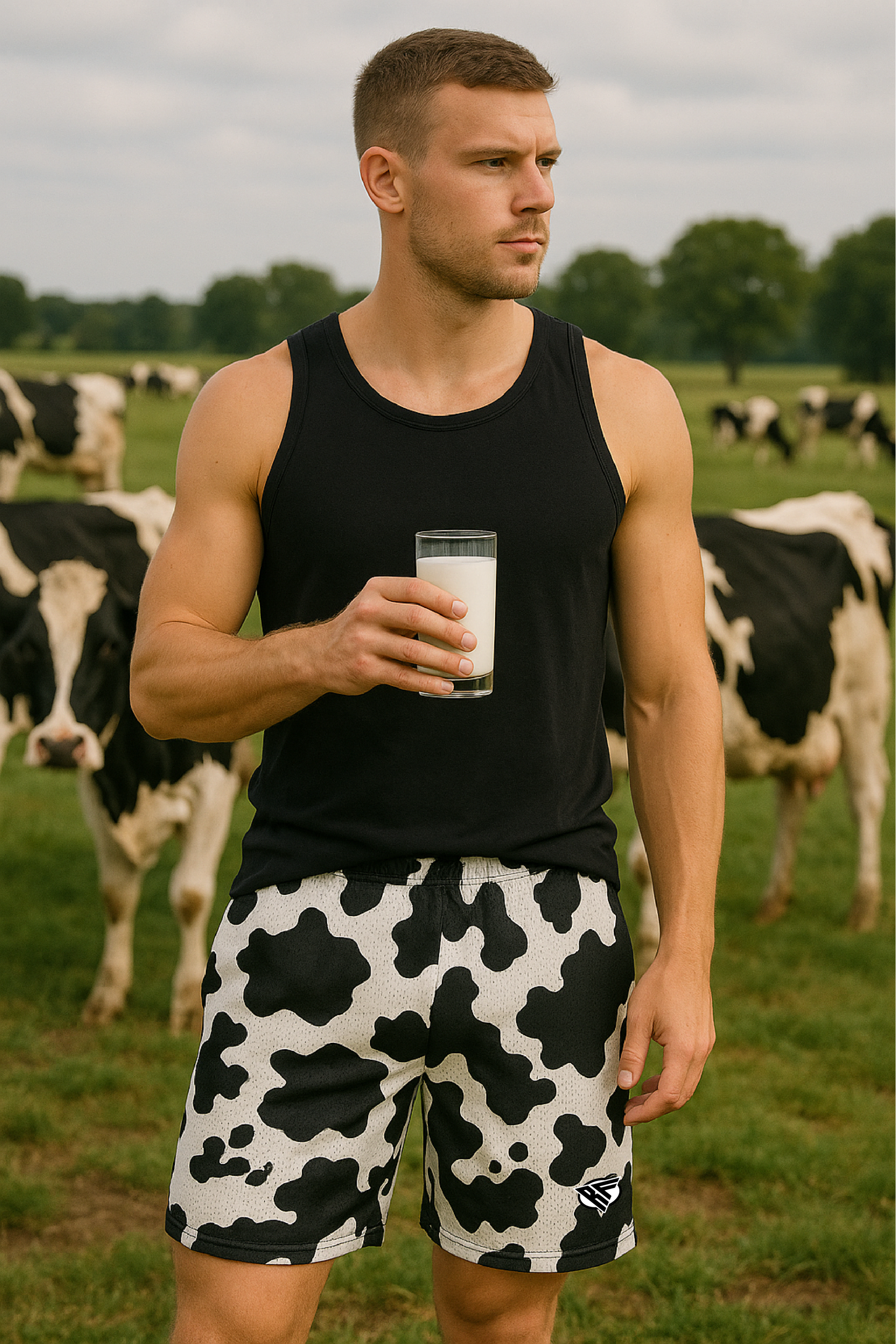 RF Wear Men's Mesh Animal Print Shorts  - Cow - Black/White - Model Front View