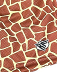 Close-up of RF-Wear Men's Mesh Animal Print Shorts - Giraffe - Brown/Yellow with RF logo
