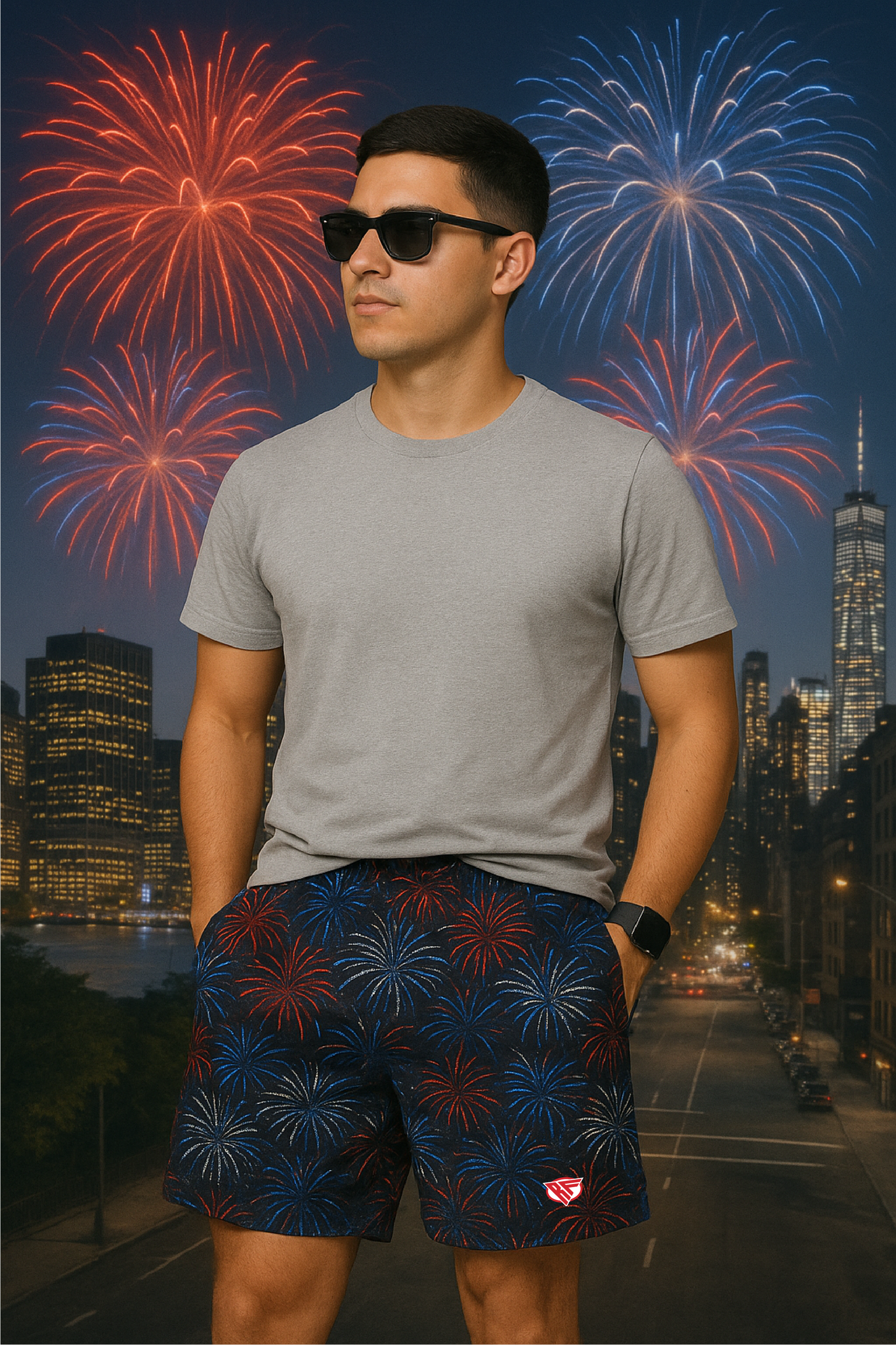 RF Wear Men's Mesh Fireworks Shorts - Black/Red/White/Blue - Model Front View