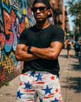 RF Wear Men's Mesh Patriotic Grunge Shorts - Red/White/Blue - Model Front View