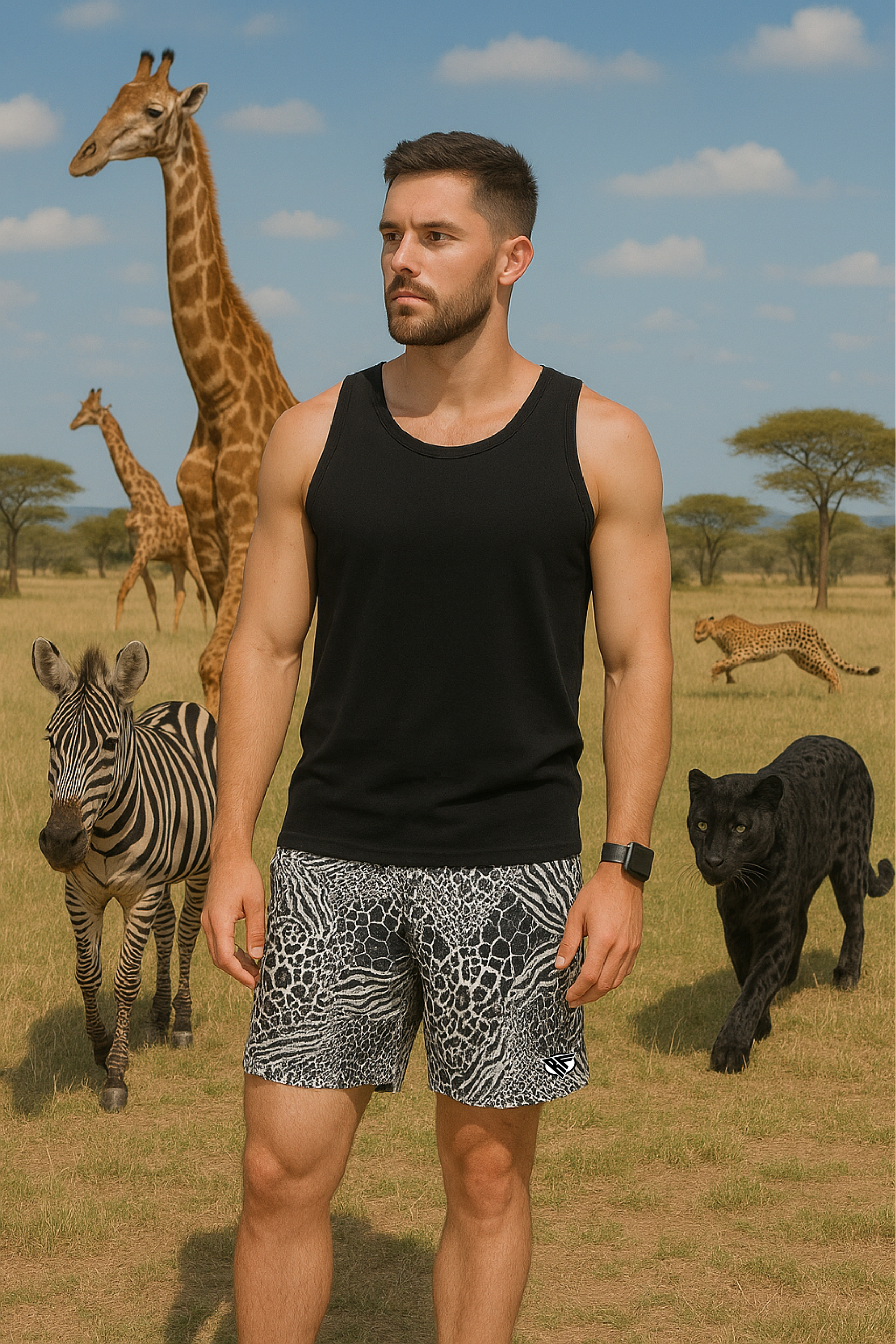 RF Wear Men's Mesh Animal Print Shorts  - Mash-up - Black/White  - Model With Wildlife