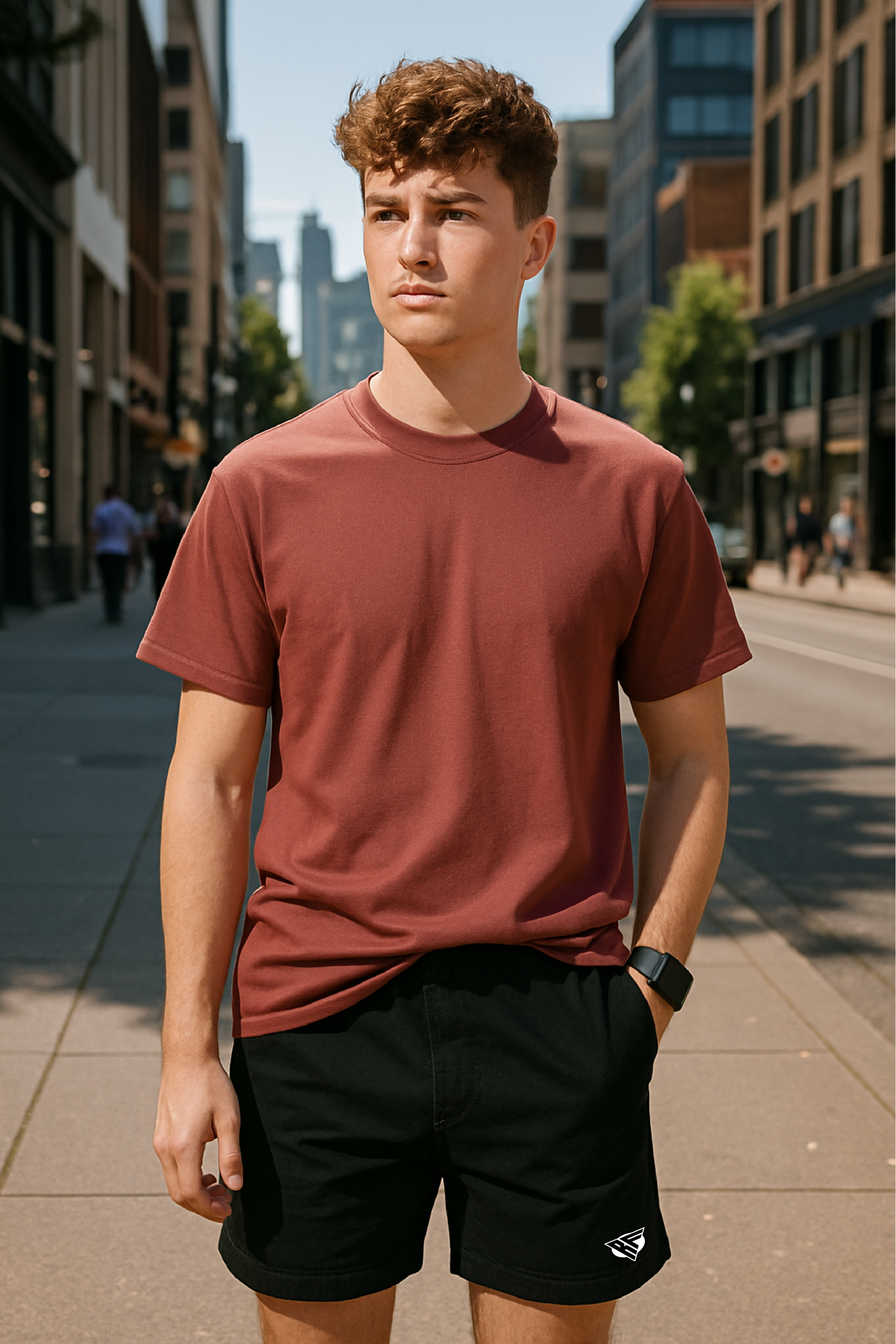RF Wear Unisex Solid Color Short Sleeve T-Shirt - Brick - Male Model Front View