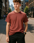 RF Wear Unisex Solid Color Short Sleeve T-Shirt - Brick - Male Model Front View
