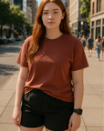 RF Wear Unisex Solid Color Short Sleeve T-Shirt - Brick - Female Model Front View