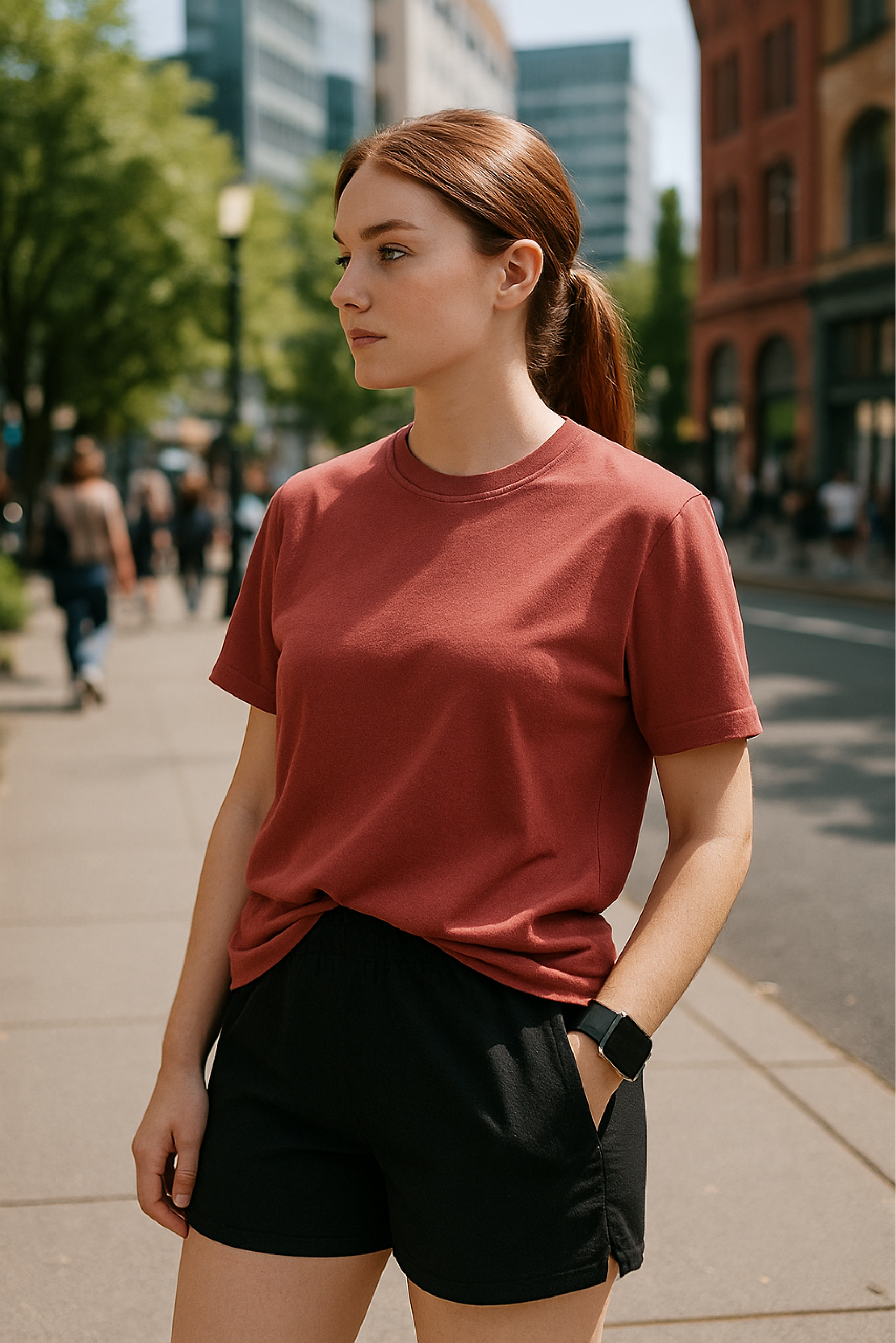 RF Wear Unisex Solid Color Short Sleeve T-Shirt - Brick - Female Model Side View