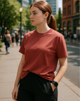RF Wear Unisex Solid Color Short Sleeve T-Shirt - Brick - Female Model Side View