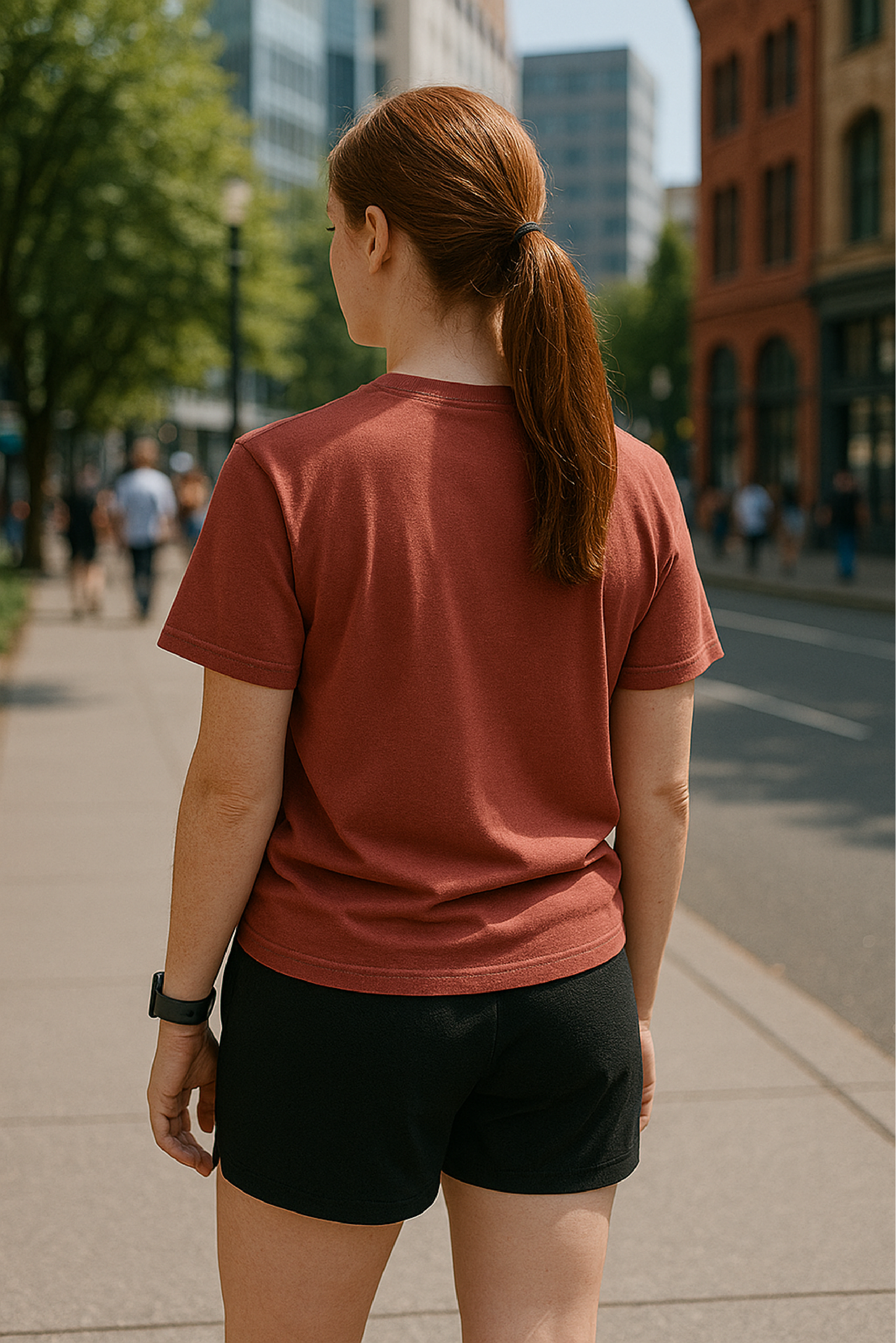RF Wear Unisex Solid Color Short Sleeve T-Shirt - Brick - Female Model Back View