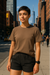 RF Wear Unisex Solid Color Short Sleeve T-Shirt - Espresso - Female Model Front View