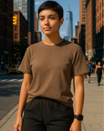 RF Wear Unisex Solid Color Short Sleeve T-Shirt - Espresso - Female Model Front View