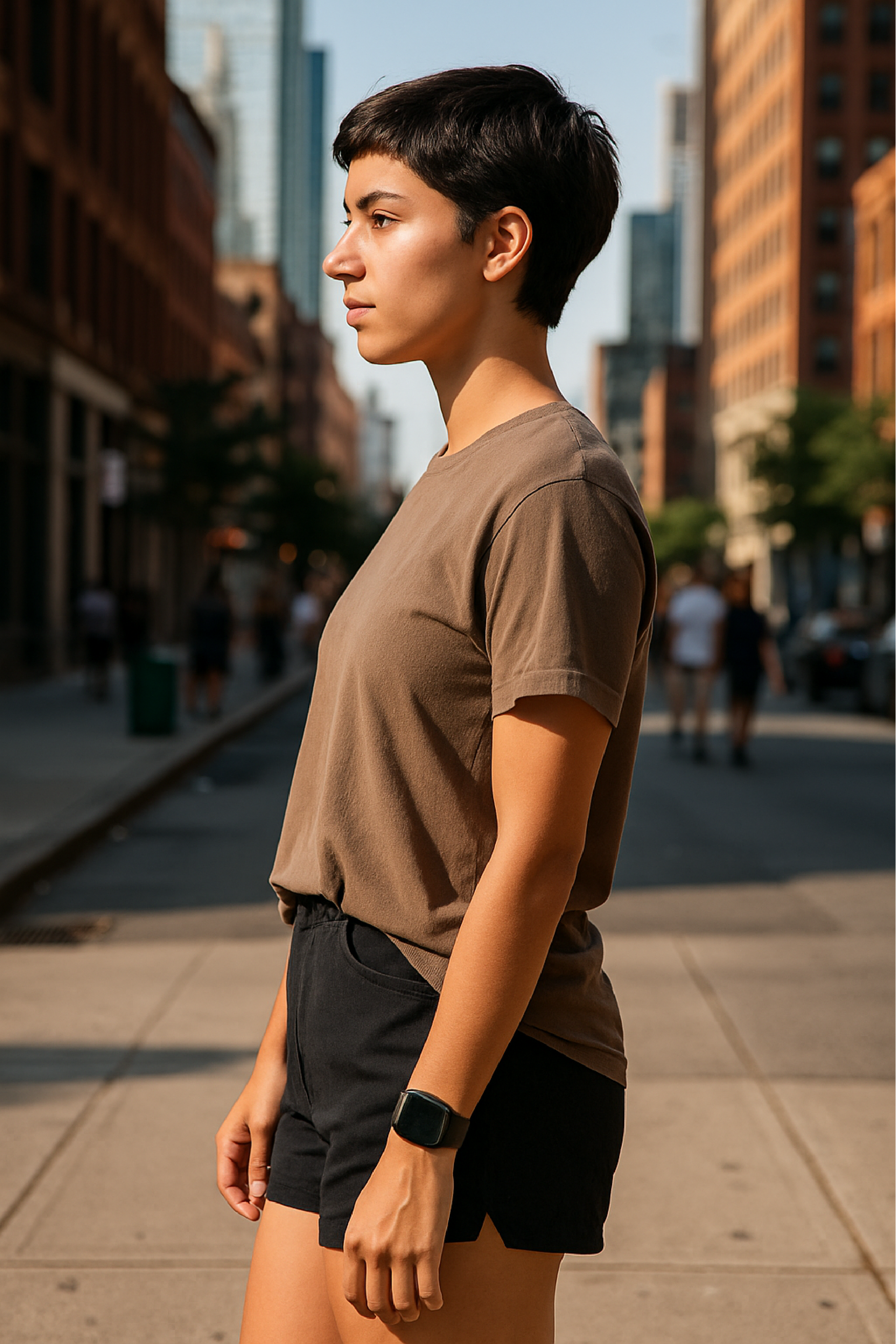 RF Wear Unisex Solid Color Short Sleeve T-Shirt - Espresso - Female Model Side View