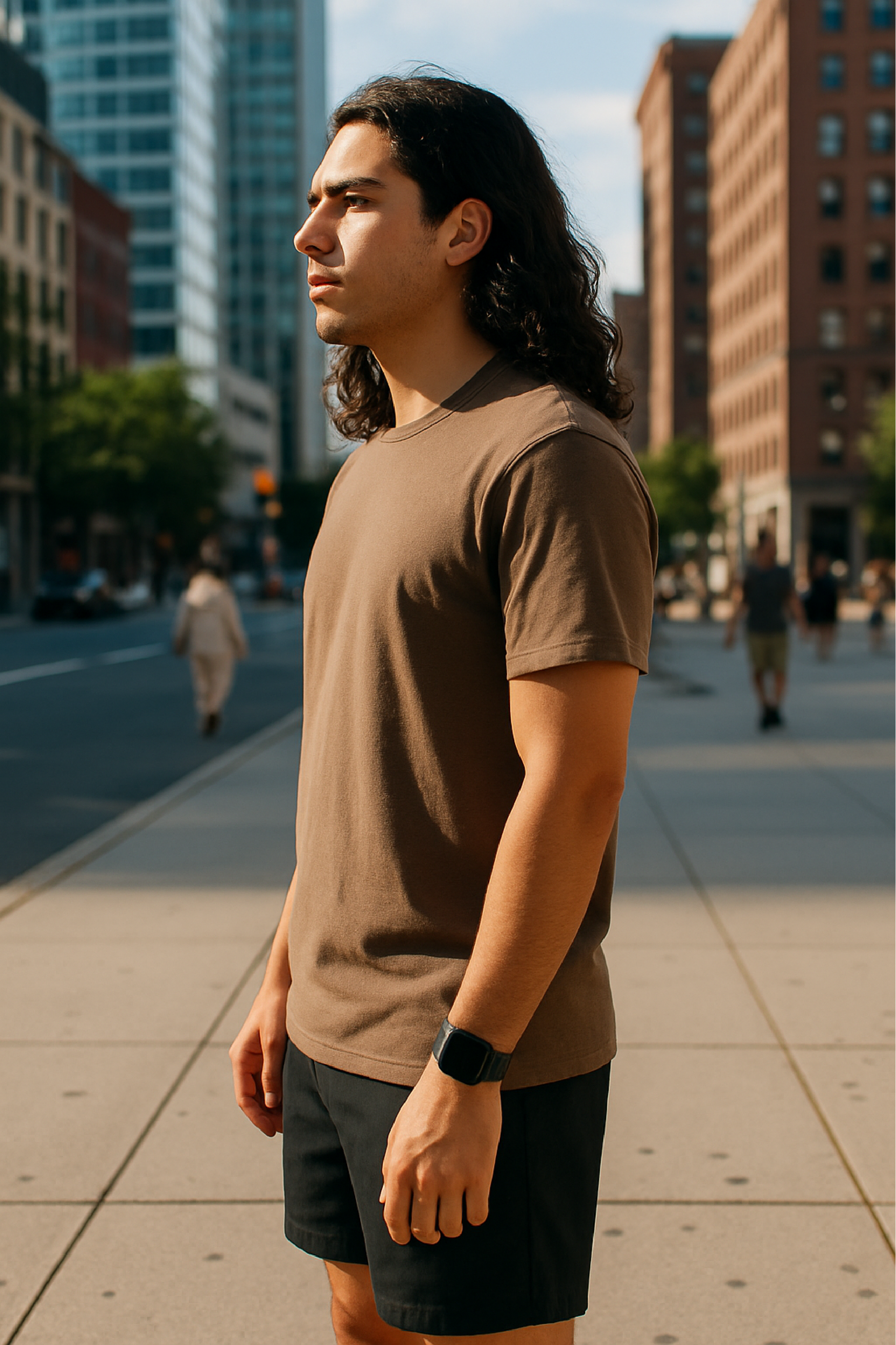 RF Wear Unisex Solid Color Short Sleeve T-Shirt - Espresso - Male Model Side View