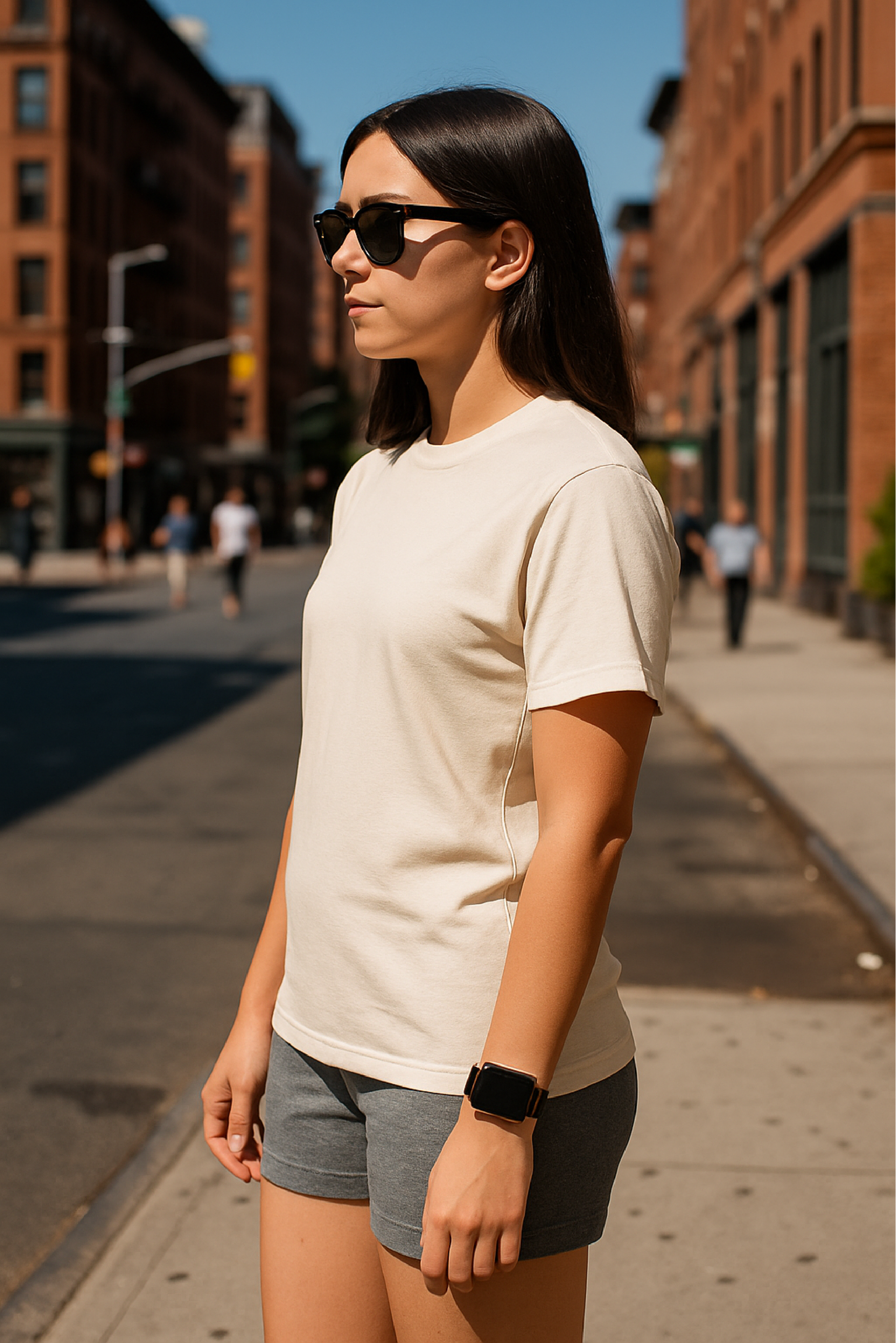 RF Wear Unisex Solid Color Short Sleeve T-Shirt - Ivory - Female Model Side View