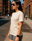 RF Wear Unisex Solid Color Short Sleeve T-Shirt - Ivory - Female Model Side View