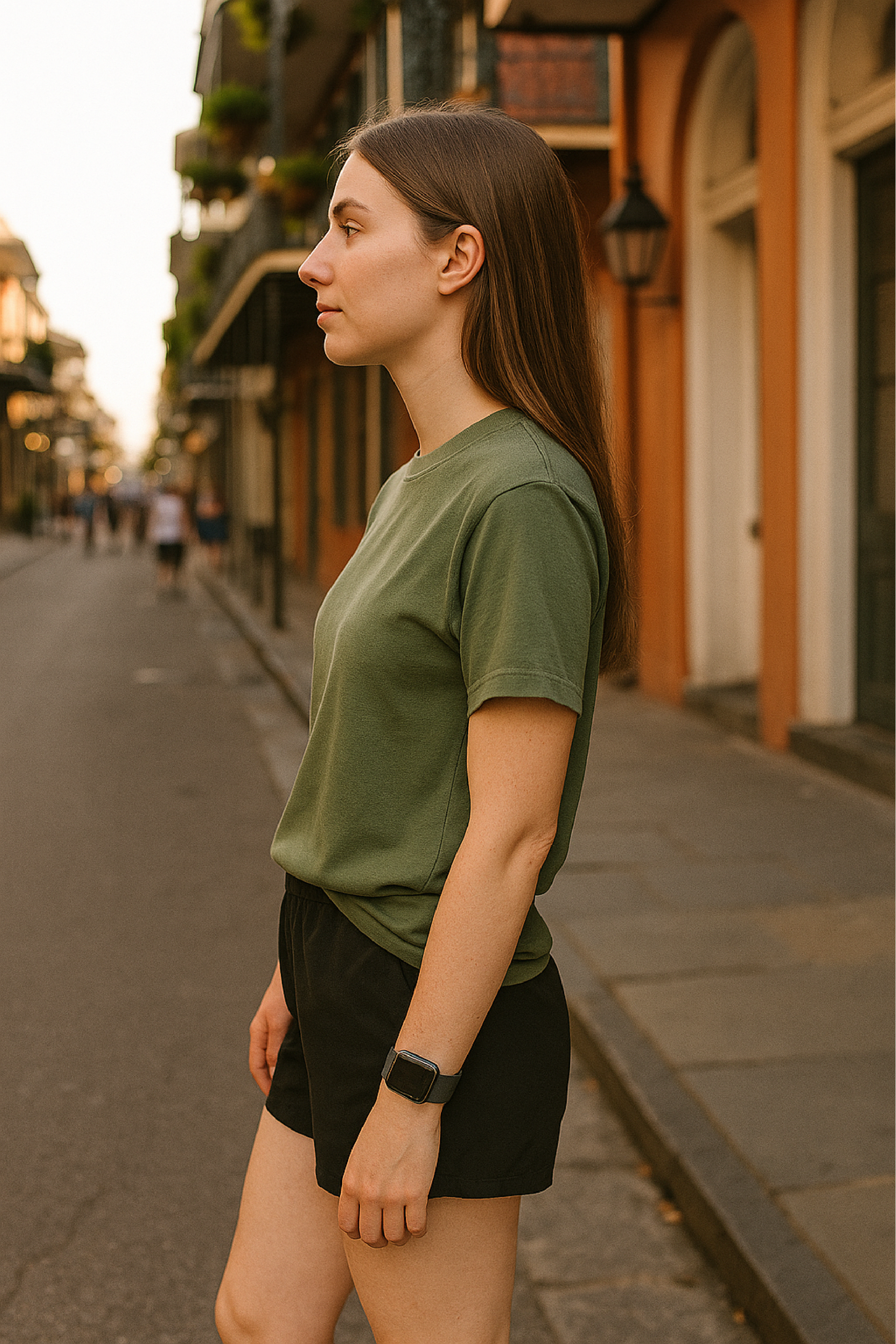 RF Wear Unisex Solid Color Short Sleeve T-Shirt - Moss - Female Model Side View
