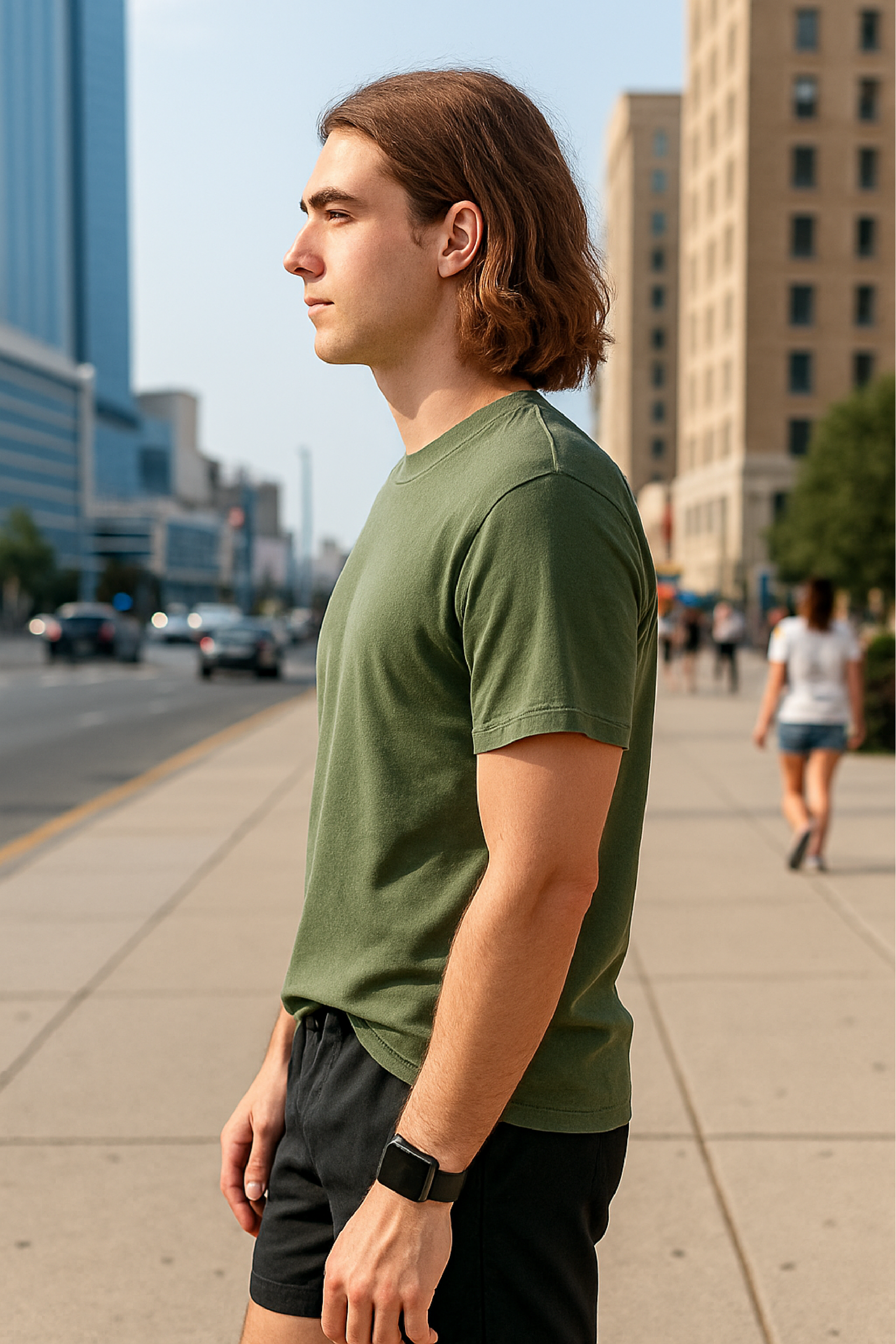 RF Wear Unisex Solid Color Short Sleeve T-Shirt - Moss - Male Model Side View