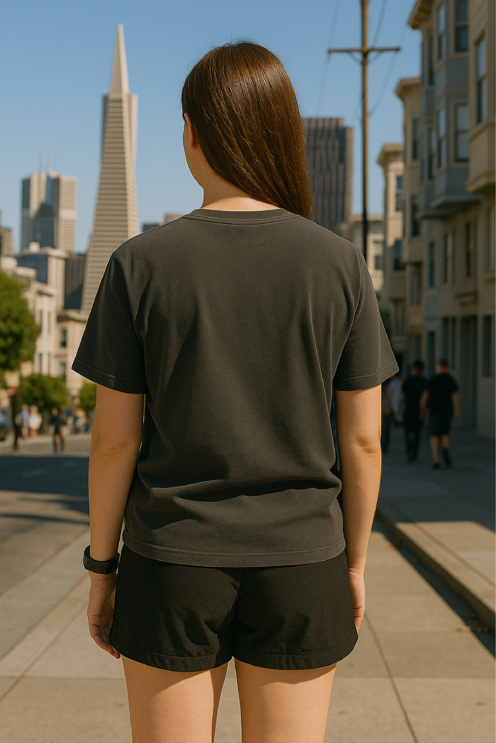 RF Wear Unisex Solid Color Short Sleeve T-Shirt - Sandstone - Female Model Back View