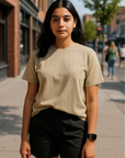 RF Wear Unisex Solid Color Short Sleeve T-Shirt - Sandstone - Female Model Front View