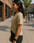 RF Wear Unisex Solid Color Short Sleeve T-Shirt - Sandstone - Female Model Side View