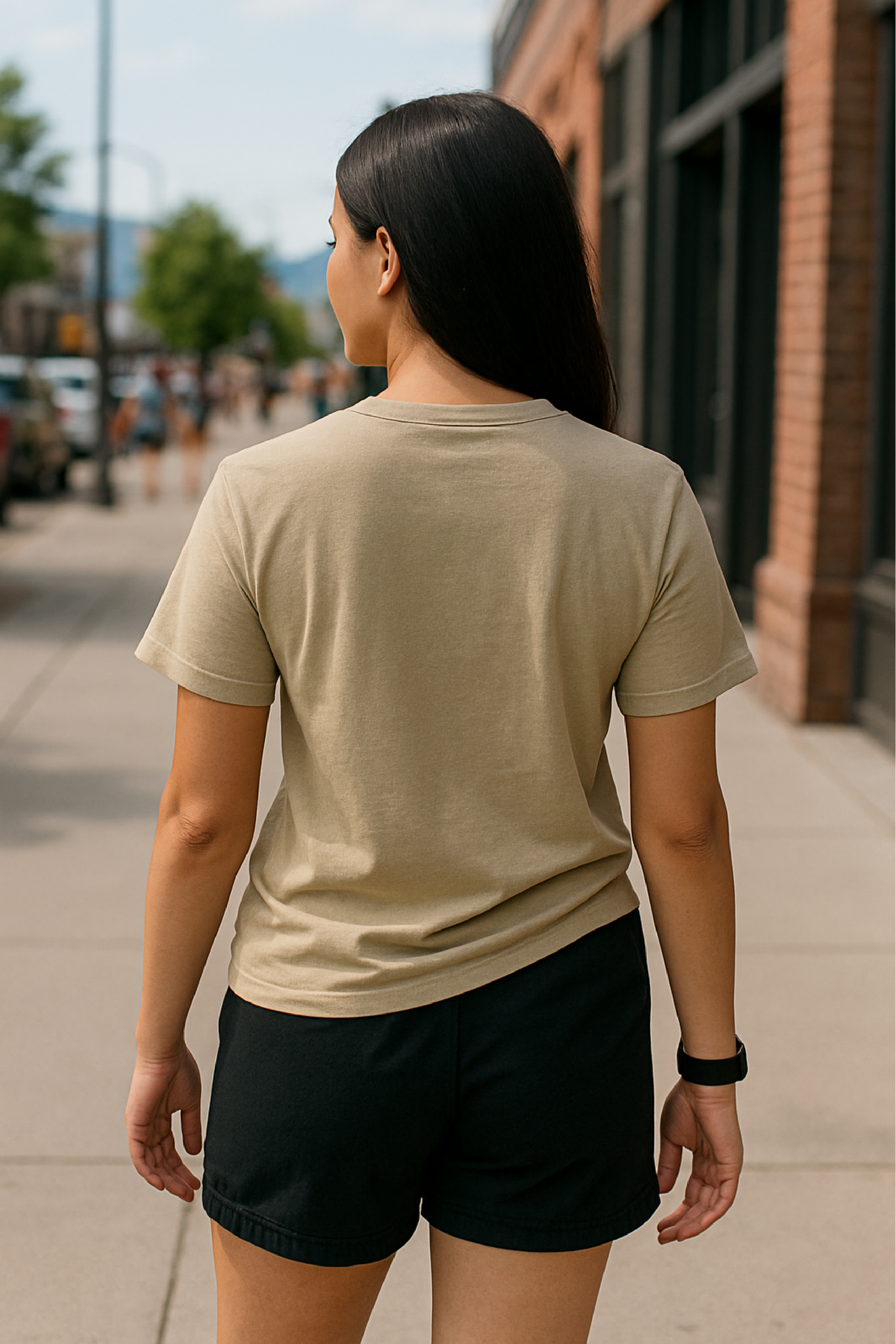 RF Wear Unisex Solid Color Short Sleeve T-Shirt - Sandstone - Female Model Back View