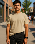 RF Wear Unisex Solid Color Short Sleeve T-Shirt - Sandstone - Male Model Front View