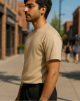 RF Wear Unisex Solid Color Short Sleeve T-Shirt - Sandstone - Male Model Side View