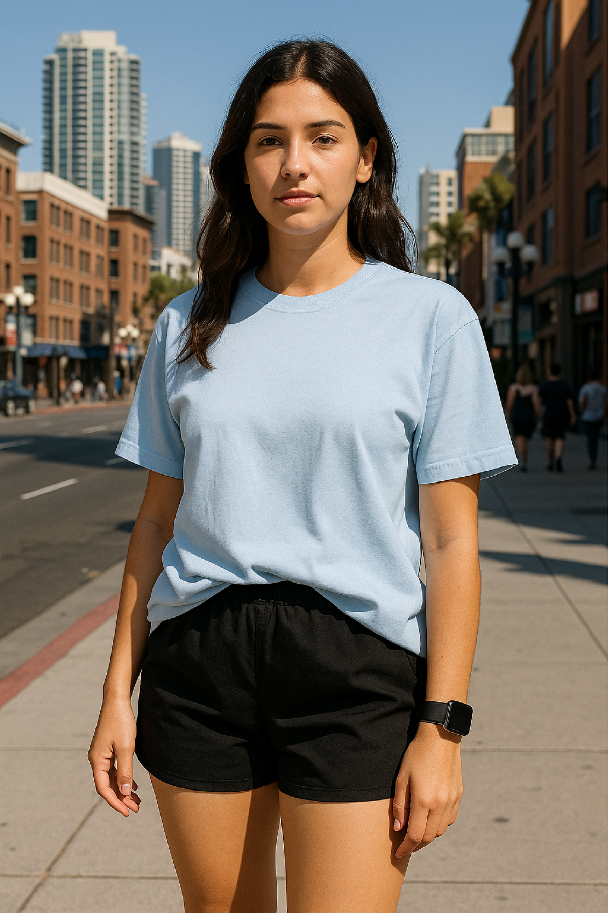 RF Wear Unisex Solid Color Short Sleeve T-Shirt - Sky Blue - Female Model Front View