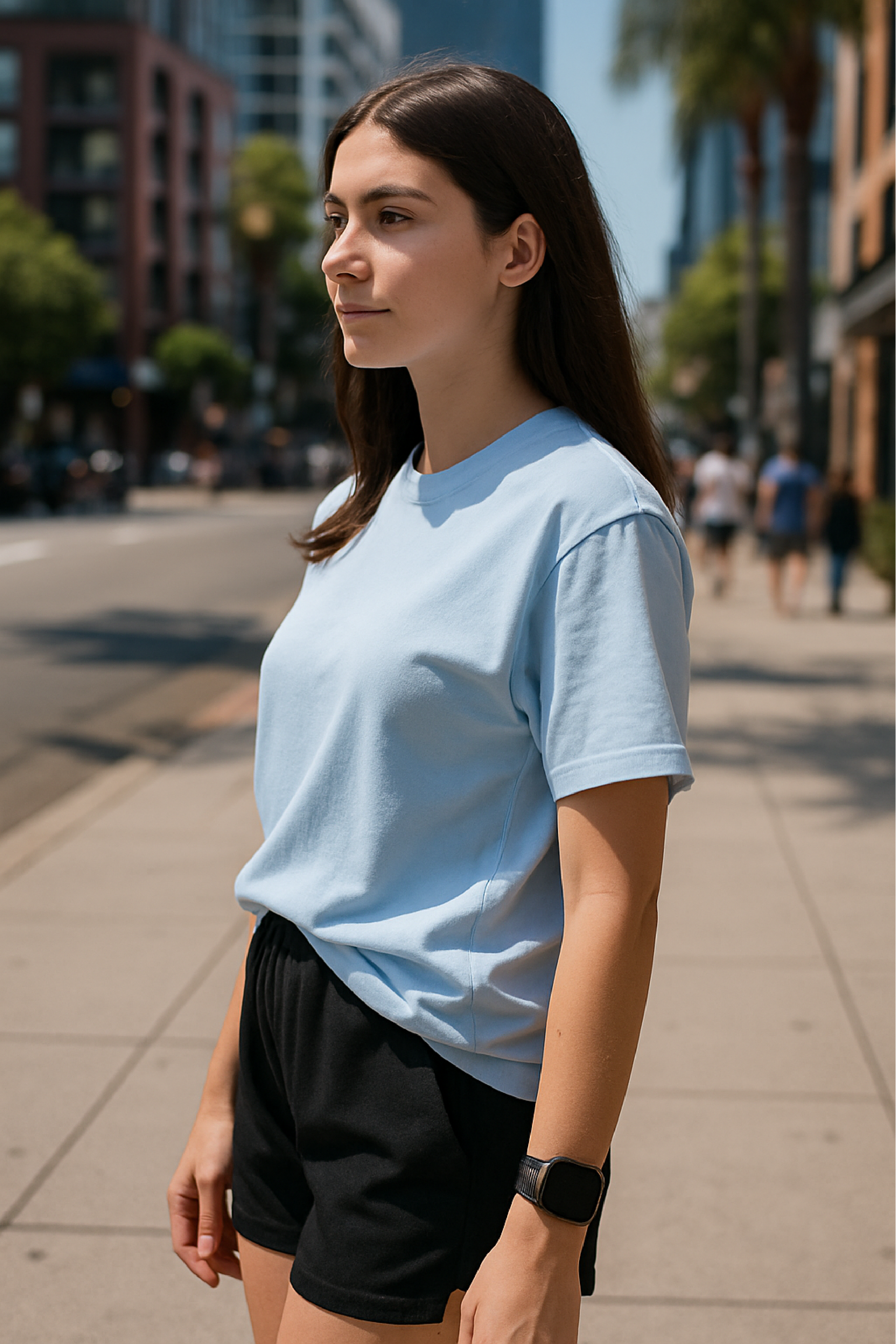RF Wear Unisex Solid Color Short Sleeve T-Shirt - Sky Blue - Female Model Side View
