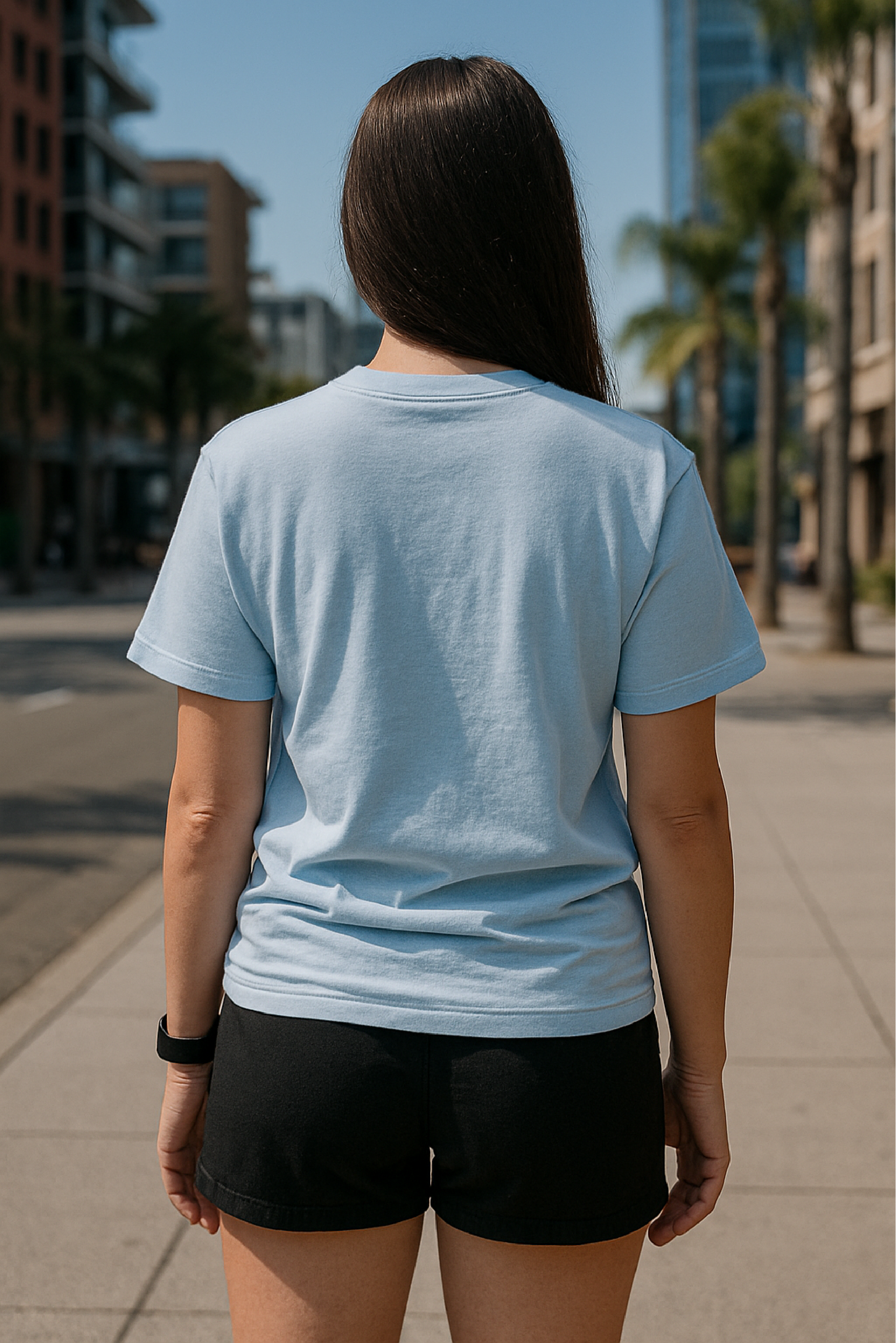 RF Wear Unisex Solid Color Short Sleeve T-Shirt - Sky Blue - Female Model Back View