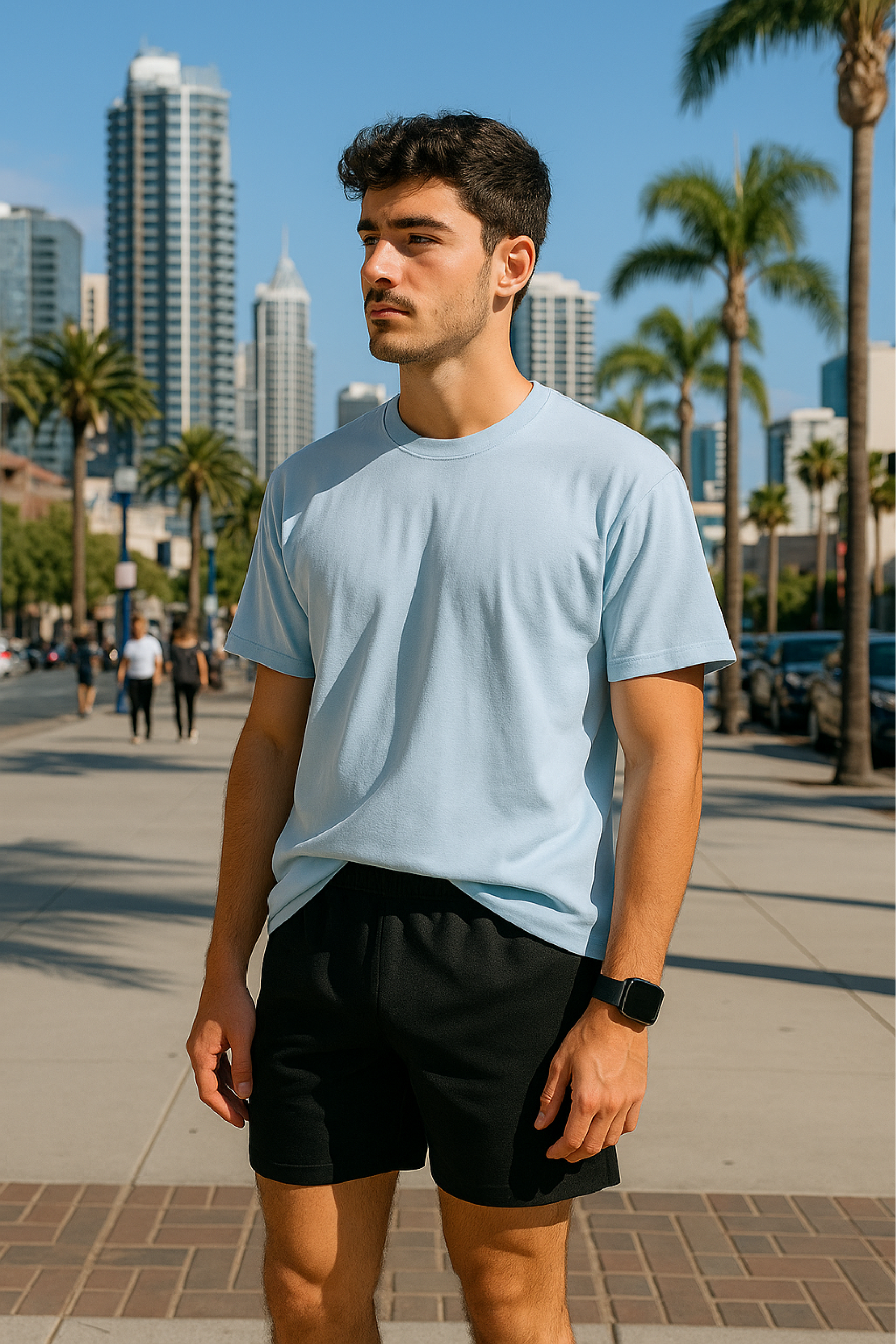 RF Wear Unisex Solid Color Short Sleeve T-Shirt - Sky Blue - Male Model Front View