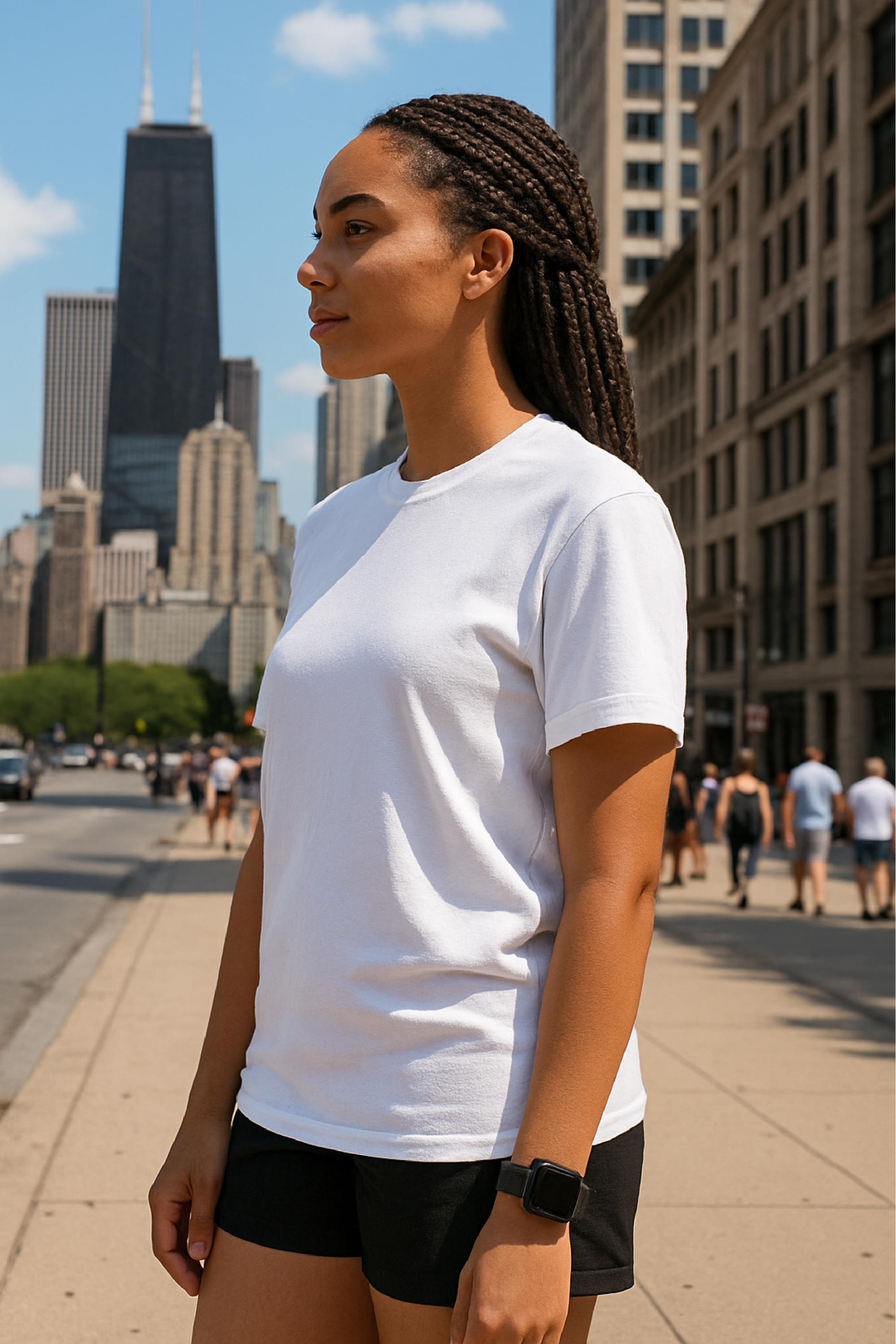 RF Wear Unisex Solid Color Short Sleeve T-Shirt - White - Female Model Side View