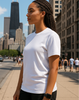 RF Wear Unisex Solid Color Short Sleeve T-Shirt - White - Female Model Side View