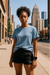 RF Wear Unisex Solid Color T-Shirt - Washed Denim - Female Model Front View