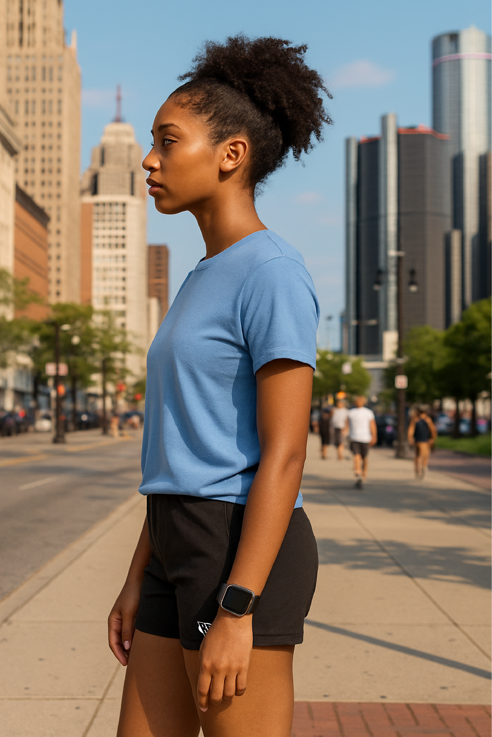RF Wear Unisex Solid Color T-Shirt - Washed Denim - Female Model Side View