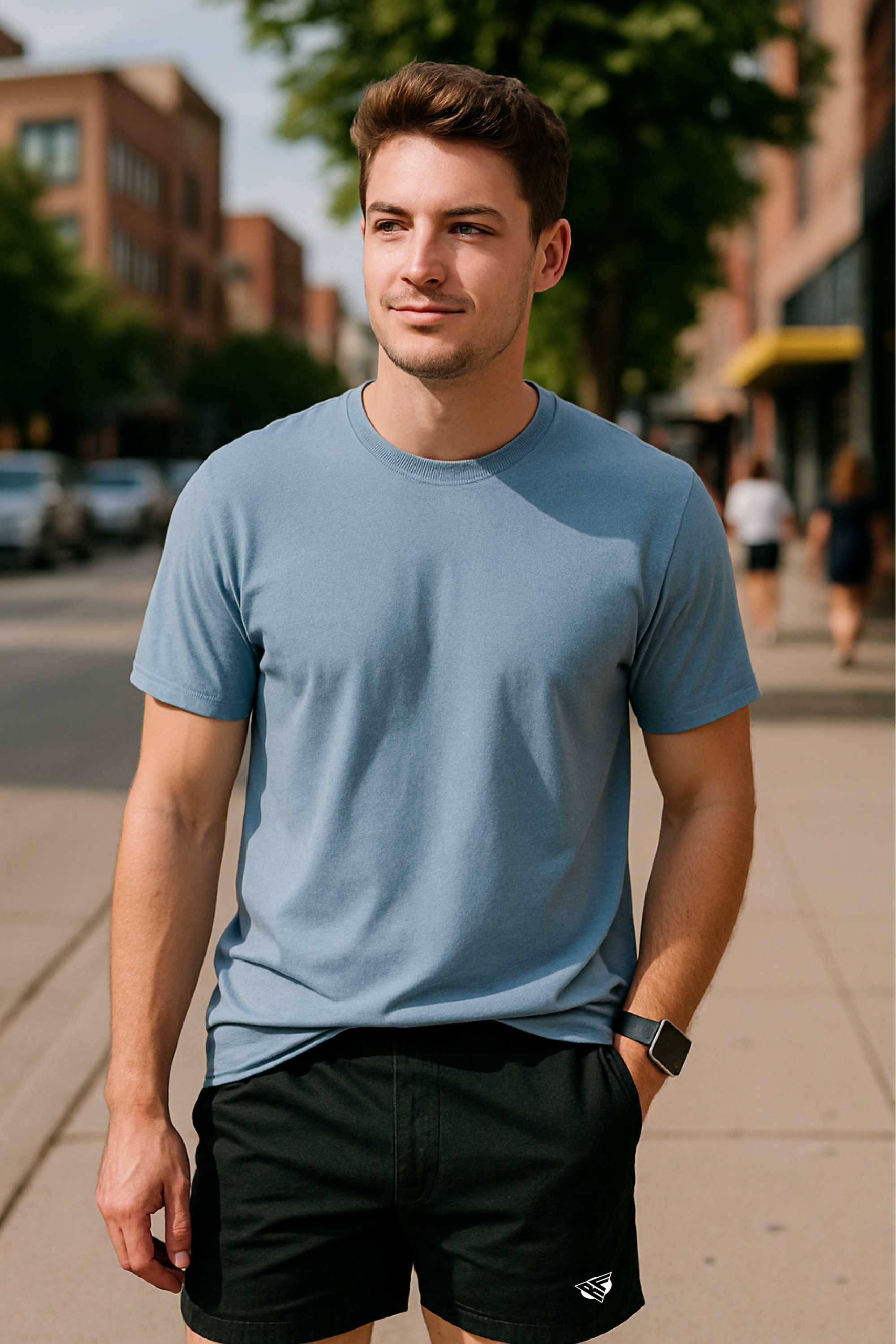RF Wear Unisex Solid Color T-Shirt - Washed Denim - Male Model Front View
