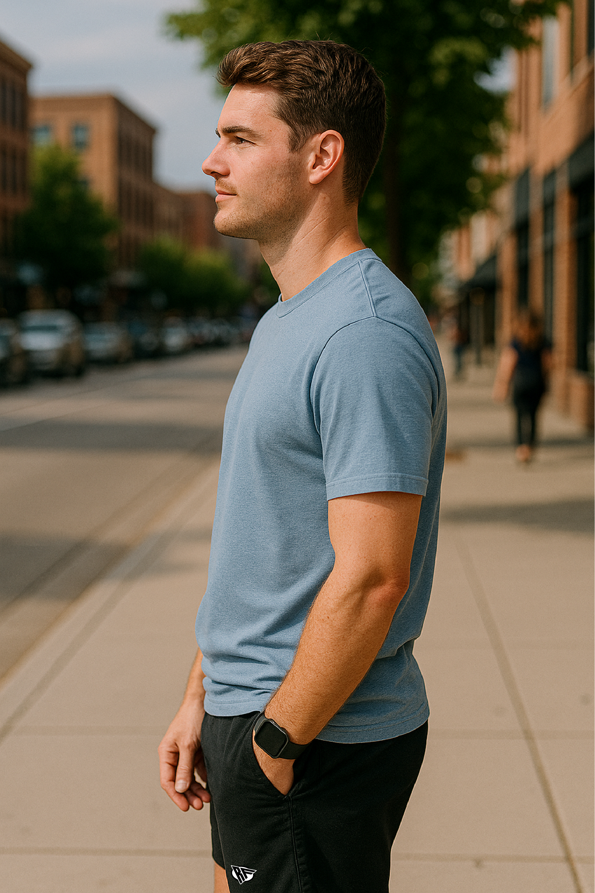 RF Wear Unisex Solid Color T-Shirt - Washed Denim - Male Model Side View