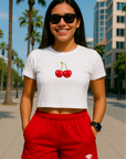 RF Wear Women's Cropped Flowy Cherry T-Shirt - White - Model Front View