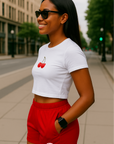 RF Wear Women's Cropped Flowy Cherry T-Shirt - White - Model Side View