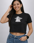 Woman wearing jeans and RF-Wear Women's Cropped Flowy Cherub T-Shirt in Black