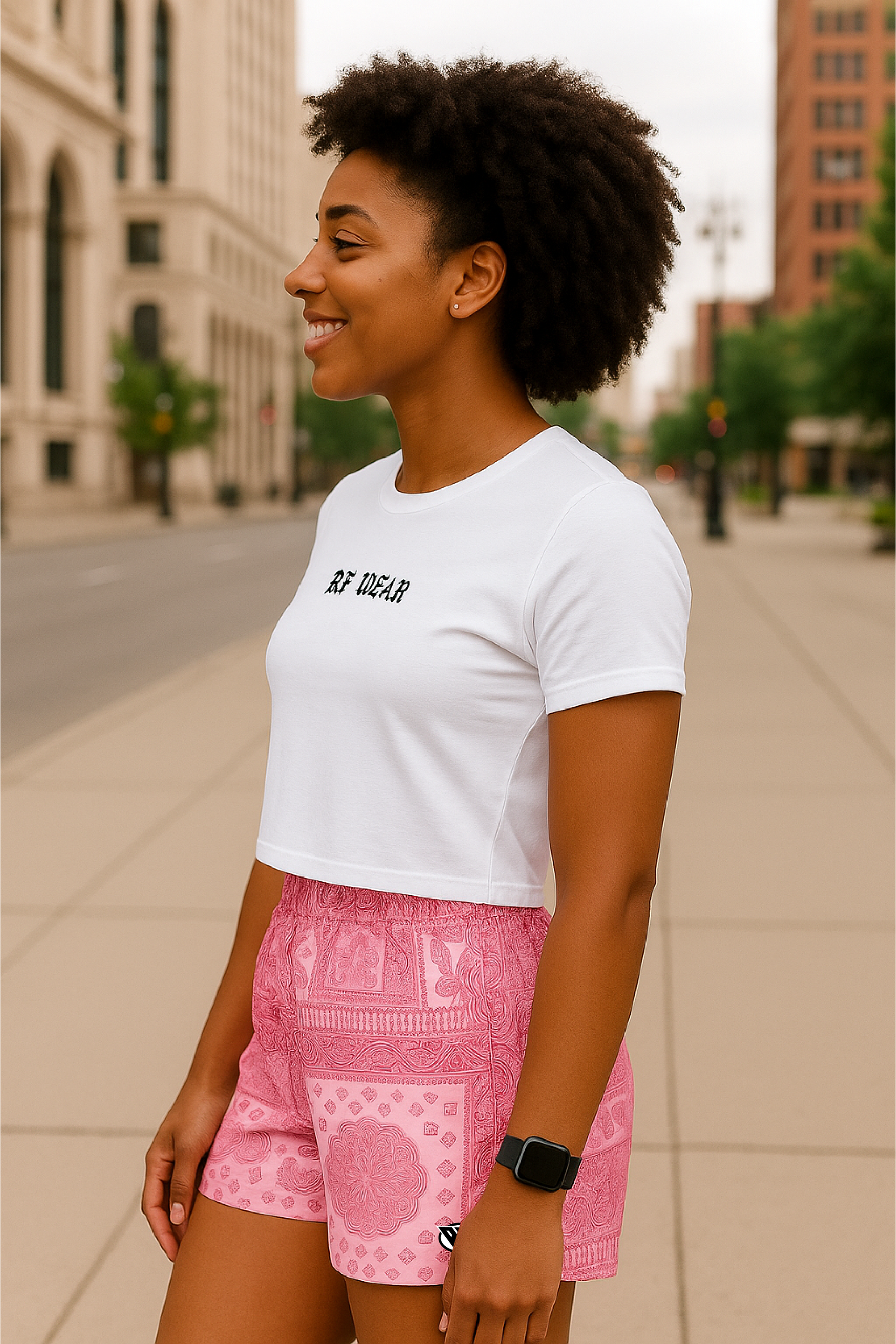 RF Wear Women's Cropped Flowy Old English T-Shirt - White - Model Side View