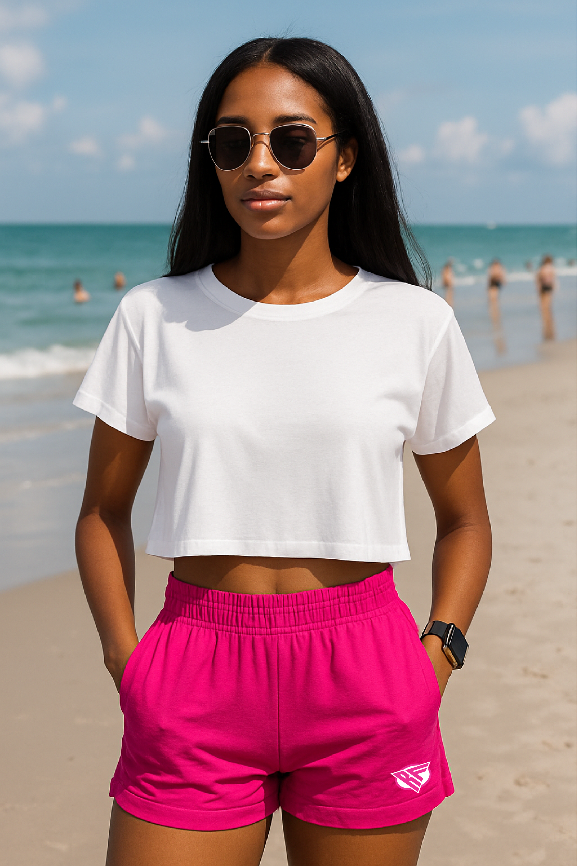RF Wear Women's Flowy Crop T-Shirt - White - Model Front View