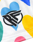 Close-up of RF-Wear Women's Heart Shorts in White/Multicolor with RF logo