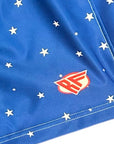 Close-up of RF-Wear Men's Swim Trunks in Blue with White Stars with RF logo