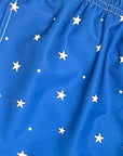 Close-up of RF-Wear Men's Swim Trunks in Blue with White Stars