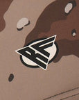 Close-up of RF-Wear Swim Trunks - Desert Camo (Lined) in Brown with RF logo