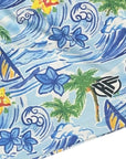 Close-up of RF-Wear Swim Trunks Hawaiian Waves in Blue with RF logo