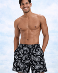 Man wearing RF-Wear Swim Trunks Paisley in Black/White