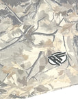 Close-up of RF-Wear Swim Trunks Tree Camo in Cream/Grey with RF logo