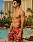 RF Wear Swim Trunks Tropical Flower - Coral on Black/White - Model Side View
