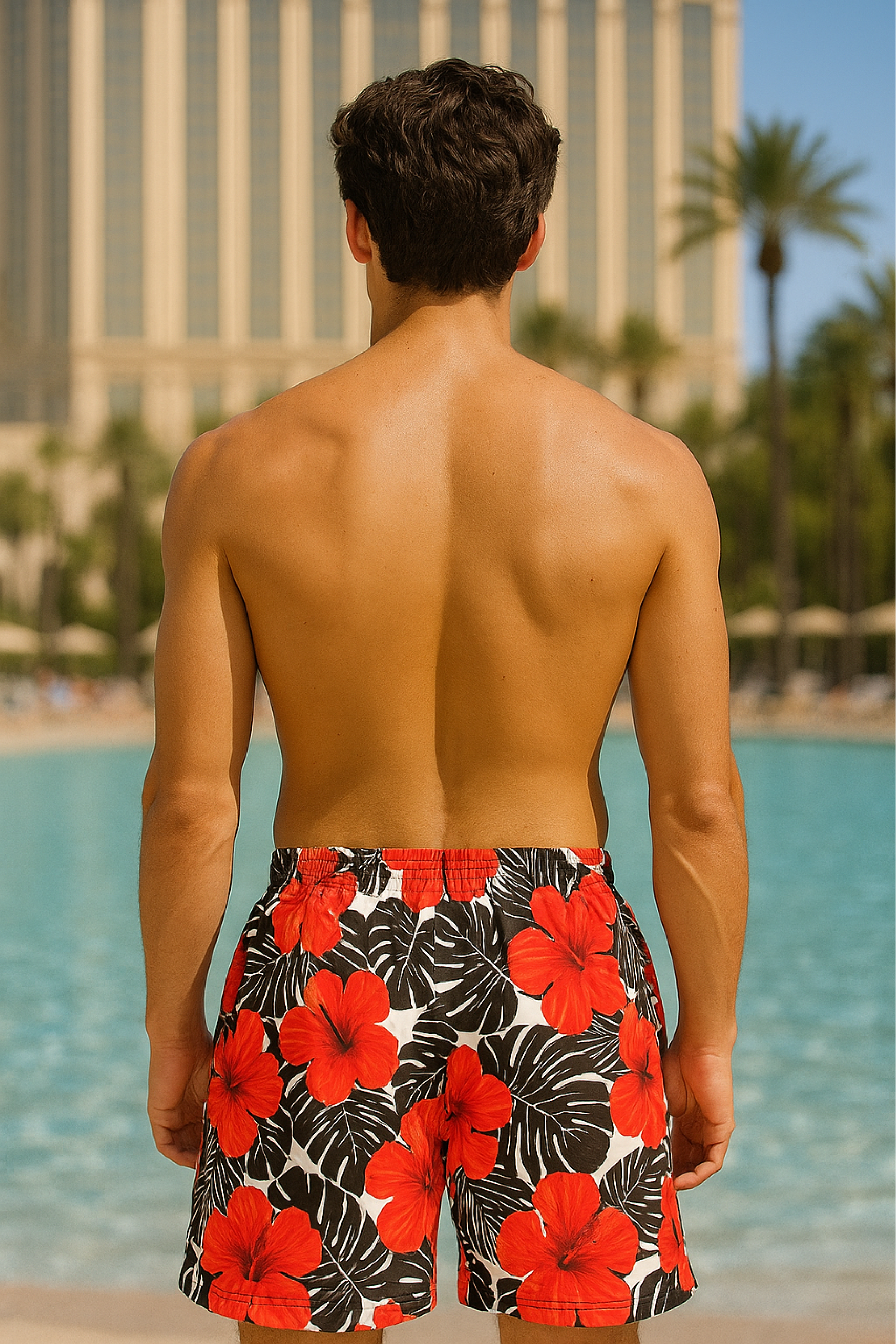 RF Wear Swim Trunks Tropical Flower - Coral on Black/White -  Model Back View