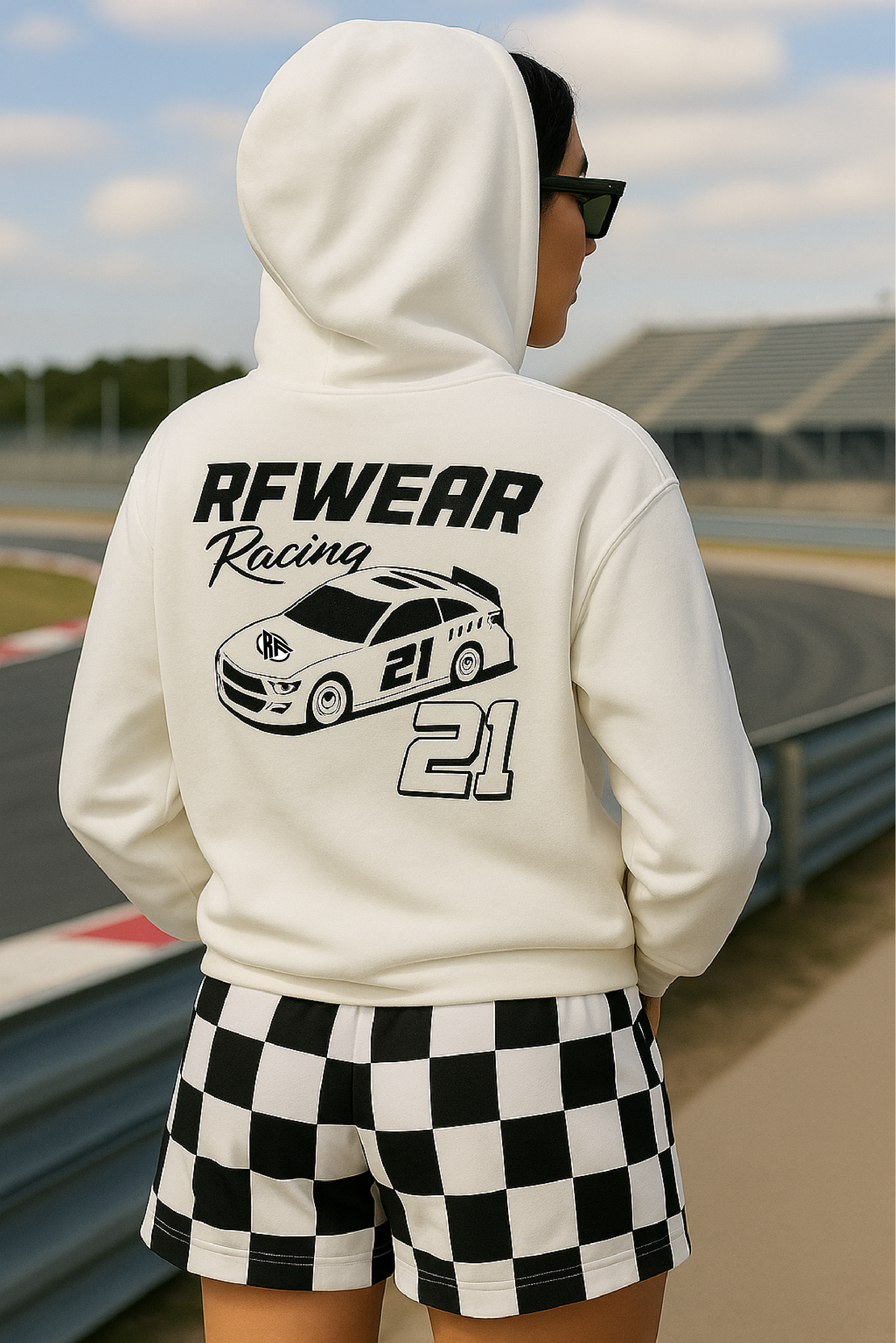 Unisex RF Wear Racing Hoodie - White - Female Model Back View